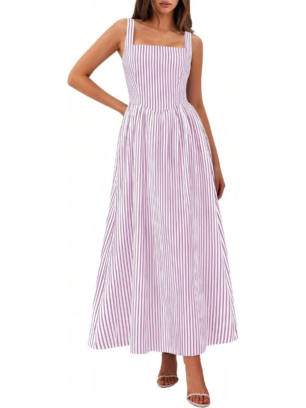 Women's Purple Striped Sundress Summer Sleeveless Square Neck Pockets Maxi Dress